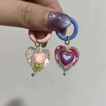 DAIIIBABYYY  -  Colorful Asymmetrical Enamel Flowers Heart Shape Drop Earrings for Women Girls Cute Handmade Hoop Earrings Holiday Jewelry Gifts